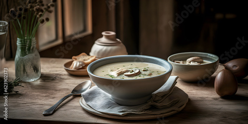 Mushroom cream soup on wooden table. AI generated