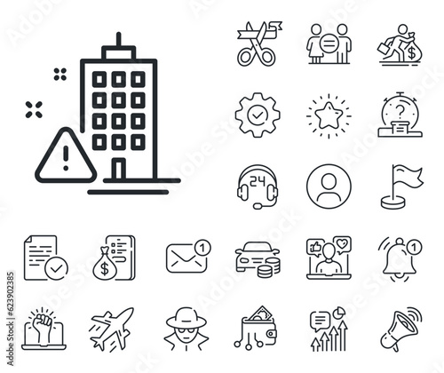 Attention triangle sign. Salaryman, gender equality and alert bell outline icons. Building construction warning line icon. Caution house symbol. Building warning line sign. Vector