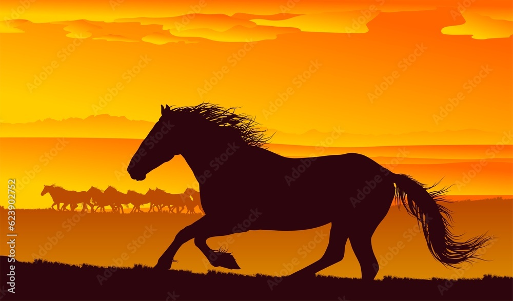 silueta de cabajllo, caballo, paisaje, atardecer, vectores, galope, montaña, lienzo, colinas, horizonte silueta de cabajllo, caballo, paisaje, atardecer, vectores, galope, montaña, lienzo, colinas, horizonte