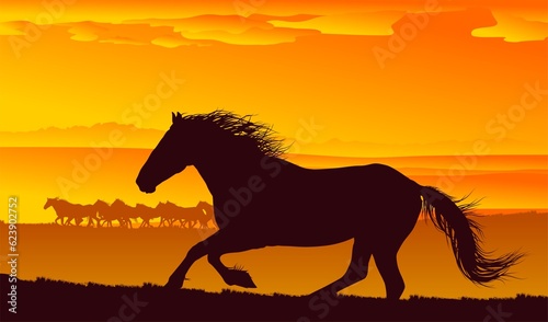 silueta de cabajllo  caballo  paisaje  atardecer  vectores  galope  monta  a  lienzo  colinas  horizonte