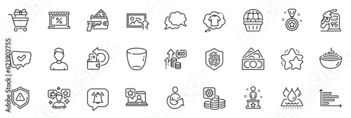 Icons pack as Success, Armed robbery and Headshot line icons for app include Bid offer, Cash back, Approved outline thin icon web set. Shopping trolley, Making money, Glass pictogram. Vector