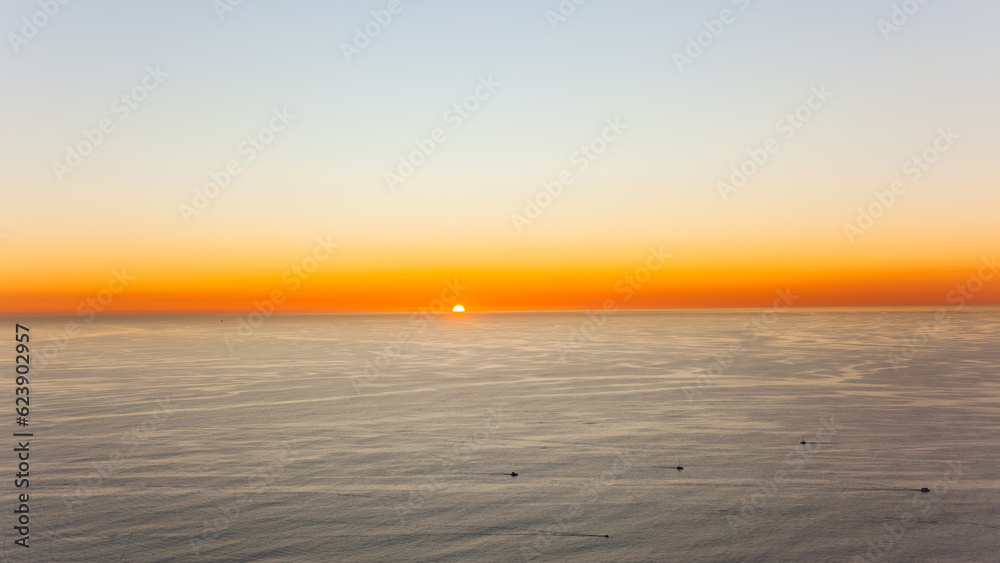 Sunset Aerial Overlooking Sun Dipping Horizon Sea Waters Atlantic Ocean Sunset Aerial Overlooking Sun Dipping Horizon Sea Waters Atlantic Ocean