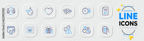 Hydroelectricity, Approved checklist and Loan line icons for web app. Pack of Heart, Warning, Cyber attack pictogram icons. Cogwheel timer, Help app, Airplane signs. Wallet. Neumorphic buttons. Vector