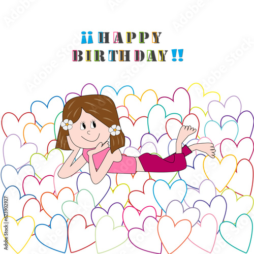 Felicitación de cumpleaños con niña feliz tumbada sobre corazones de colores.