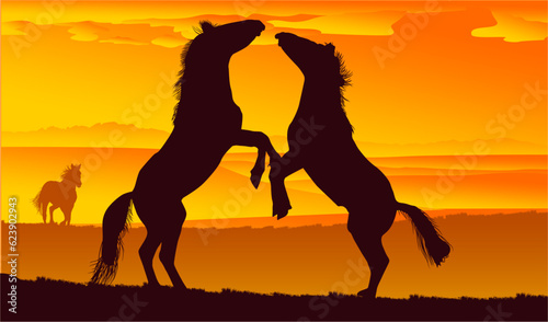 silueta de cabajllo, caballo, paisaje, atardecer, vectores, galope, montaña, lienzo, colinas, horizonte