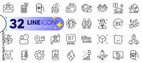 Outline set of Support consultant, Lock and Air conditioning line icons for web with Award app, Seo gear, Energy price thin icon. Hypoallergenic tested, Eco power. Design with yellow 3d stars. Vector
