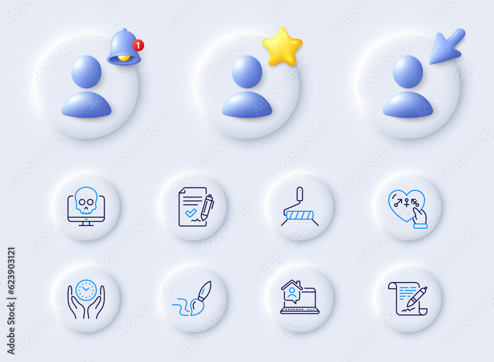 Safe time, Approved agreement and Cyber attack line icons. Placeholder with 3d cursor, bell, star. Pack of Work home, Brush, Agreement document icon. Genders, Paint roller pictogram. Vector Safe time, Approved agreement and Cyber attack line icons. Placeholder with 3d cursor, bell, star. Pack of Work home, Brush, Agreement document icon. Genders, Paint roller pictogram. Vector