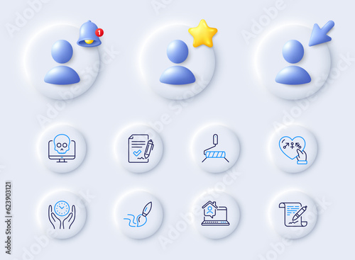 Safe time, Approved agreement and Cyber attack line icons. Placeholder with 3d cursor, bell, star. Pack of Work home, Brush, Agreement document icon. Genders, Paint roller pictogram. Vector