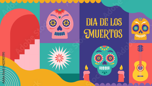 Dia de los muertos, Day of the dead, Mexican holiday, festival. Vector poster, banner and card in modern geometrical style, with skulls, church, guitar and flowers