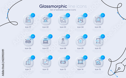 Set of Sports arena, Shop and Electricity factory line icons for web app. Arena stadium, Building, House dimension icons. Garage, Market, Entrance signs. Triangle area. Glassmorphism buttons. Vector
