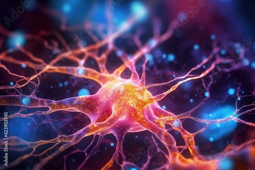 Close up of human brain showing neurons firing and neural extensions, limbic system Mammillary pituitary gland, amygdala thalamus, cingulate gyrus, corpus callosum, hypothalamus. Generative AI.  photo