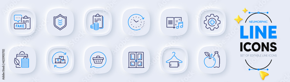 Accounting, Bio shopping and Time change line icons for web app. Pack of Clean towel, Door, Shield pictogram icons. Fake document, Delivery change, Music book signs. Shopping cart, Apple. Vector Accounting, Bio shopping and Time change line icons for web app. Pack of Clean towel, Door, Shield pictogram icons. Fake document, Delivery change, Music book signs. Shopping cart, Apple. Vector