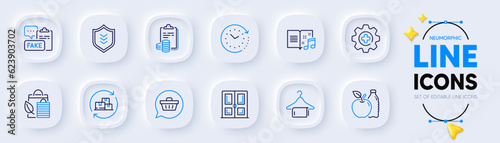 Accounting, Bio shopping and Time change line icons for web app. Pack of Clean towel, Door, Shield pictogram icons. Fake document, Delivery change, Music book signs. Shopping cart, Apple. Vector
