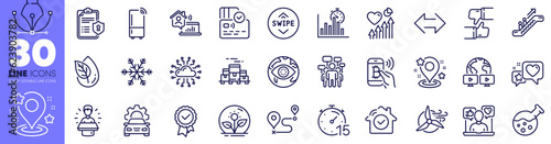Incubator, Like and Voting campaign line icons pack. Chemistry lab, Video conference, Heart beat web icon. Tested stamp, Heart, Report timer pictogram. Escalator, Pin, Bitcoin pay. Vector