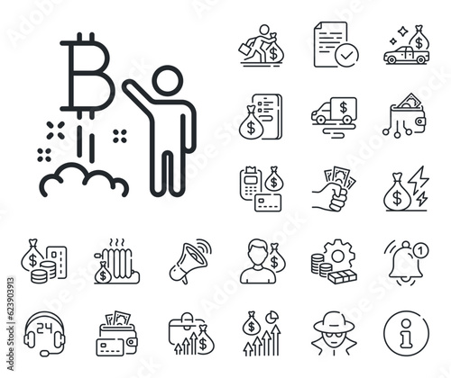 Cryptocurrency startup sign. Cash money, loan and mortgage outline icons. Bitcoin line icon. Crypto project symbol. Bitcoin project line sign. Credit card, crypto wallet icon. Vector
