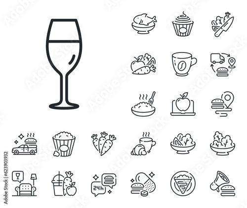 Burgundy glass sign. Crepe, sweet popcorn and salad outline icons. Wine glass line icon. Wineglass line sign. Pasta spaghetti, fresh juice icon. Supply chain. Vector