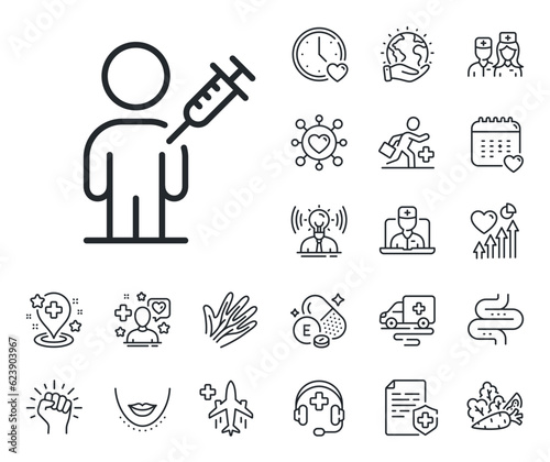 Vaccine syringe sign. Online doctor, patient and medicine outline icons. People vaccination line icon. Man jabbed symbol. People vaccination line sign. Vector