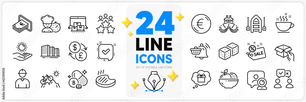 Icons set of People voting, Sun protection and Dice line icons pack for app with Boat, Engineer, Gift dream thin outline icon. Sale, Video conference, Currency exchange pictogram. Vector