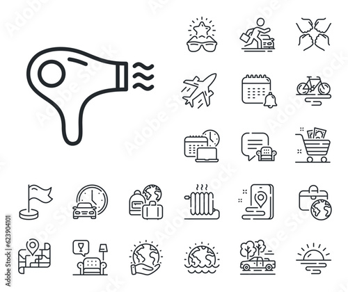 Hairdryer sign. Plane jet, travel map and baggage claim outline icons. Hair dryer line icon. Hotel service symbol. Hair dryer line sign. Car rental, taxi transport icon. Place location. Vector