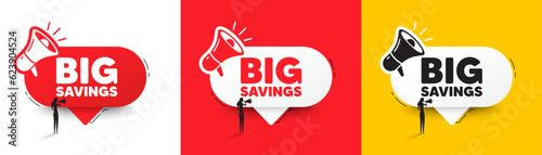 Big savings tag. Speech bubble with megaphone and woman silhouette. Special offer price sign. Advertising discounts symbol. Big savings chat speech message. Woman with megaphone. Vector