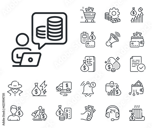 Online investment sign. Cash money, loan and mortgage outline icons. Budget accounting line icon. Internet loan symbol. Budget accounting line sign. Credit card, crypto wallet icon. Vector