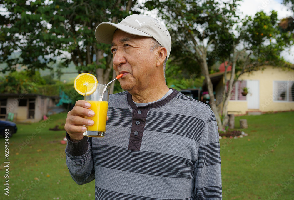 Fototapeta premium Senior adult man drinking orange juice