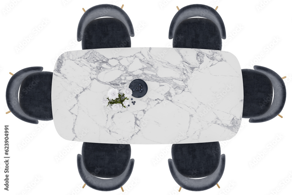 top view of dining table, white marble, with dark grey chairs