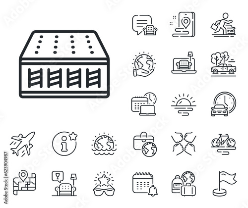 Orthopedic sprung pad sign. Plane jet, travel map and baggage claim outline icons. Mattress pocket spring line icon. Breathable sleep bed symbol. Mattress line sign. Vector