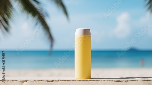 Cosmetic product mockup on tropical background. Illustration AI Generative. © ArtCookStudio