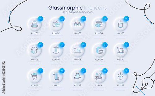 Set of Skirt, Wallet money and Scarf line icons for web app. T-shirt, Shirt, Wallet icons. Lounger, Sale bags, Armchair signs. Dry t-shirt, Love glasses, Shopping trolley. Backpack. Vector
