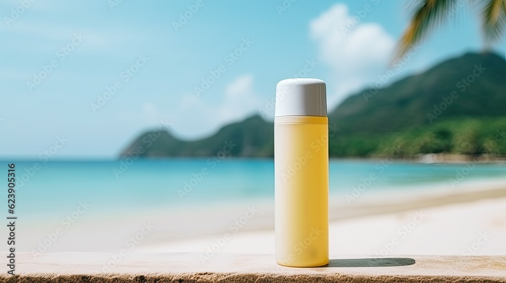 Cosmetic product mockup on tropical background. Illustration AI Generative. Cosmetic product mockup on tropical background. Illustration AI Generative.