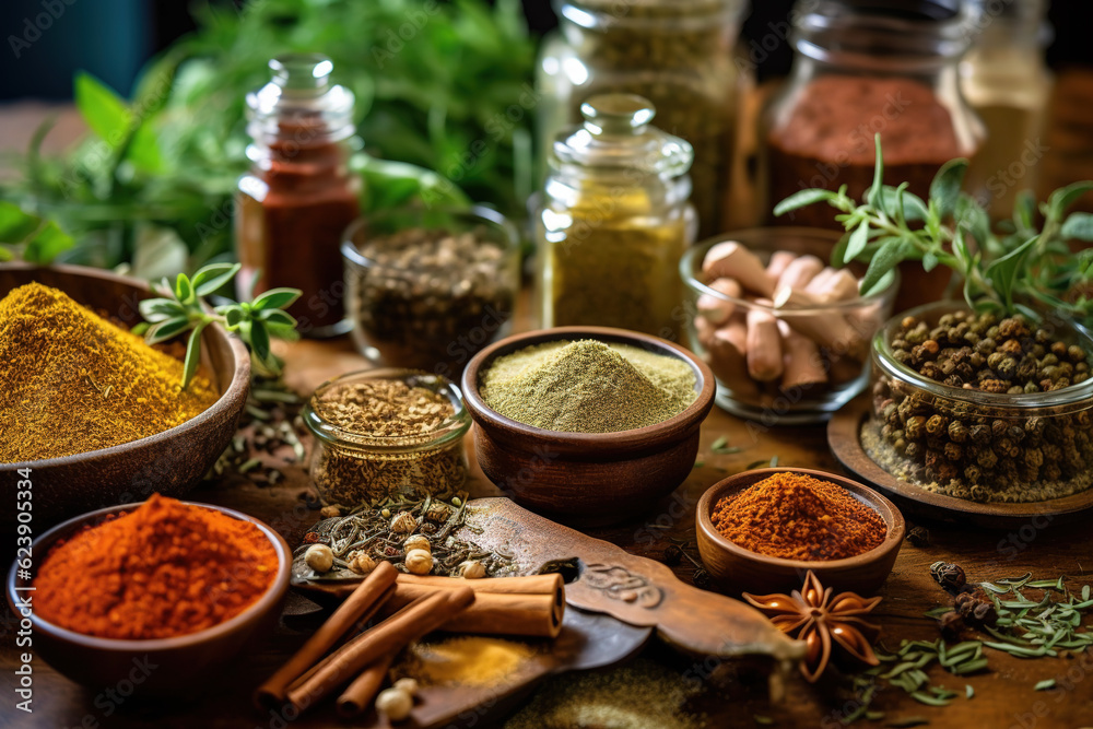 Aromatic herbs and spices enhancing the flavors of nourishing dishes. Generative AI