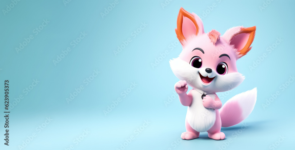 Fototapeta premium Cute small pink fox with happy positive smiling expression. Wide banner copy space on side. Generative AI
