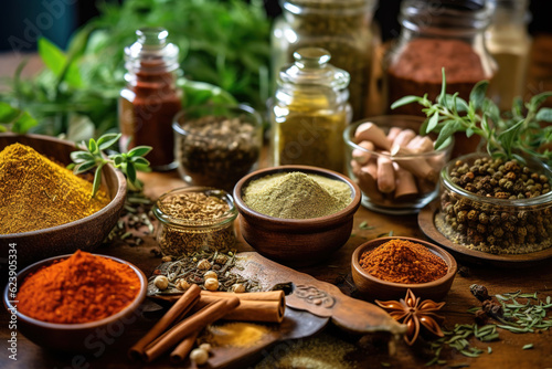 Fototapeta Naklejka Na Ścianę i Meble -  Aromatic herbs and spices enhancing the flavors of nourishing dishes. Generative AI