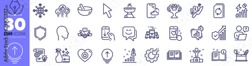 Online question, Manual and Electricity consumption line icons pack. Like, Heart rating, Update document web icon. Shield, Winner cup, Grill pictogram. Swipe up, Education, Cleanser spray. Vector