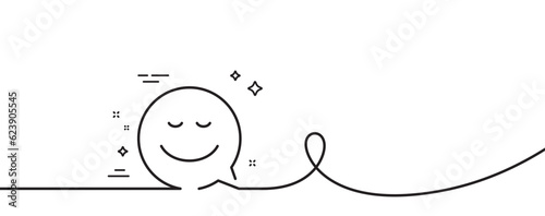 Comic speech bubble with Smile line icon. Continuous one line with curl. Chat emotion sign. Smile single outline ribbon. Loop curve pattern. Vector