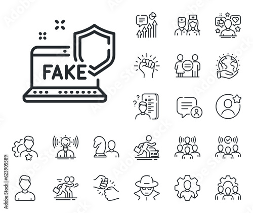Web propaganda sign. Specialist, doctor and job competition outline icons. Fake internet line icon. Wrong truth symbol. Fake internet line sign. Avatar placeholder, spy headshot icon. Vector