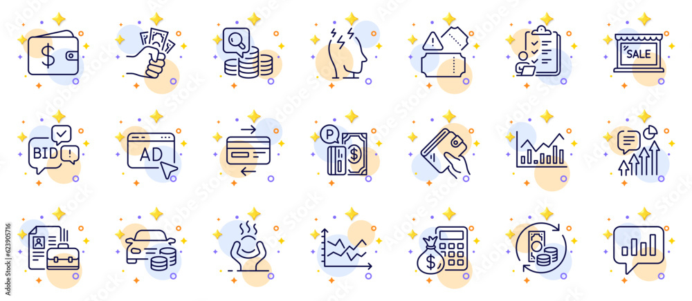 Outline set of Dollar wallet, Kpi and Vacancy line icons for web app. Include Bid offer, Wallet, Finance calculator pictogram icons. Infochart, Fraud, Analytical chat signs. Stress. Vector Outline set of Dollar wallet, Kpi and Vacancy line icons for web app. Include Bid offer, Wallet, Finance calculator pictogram icons. Infochart, Fraud, Analytical chat signs. Stress. Vector