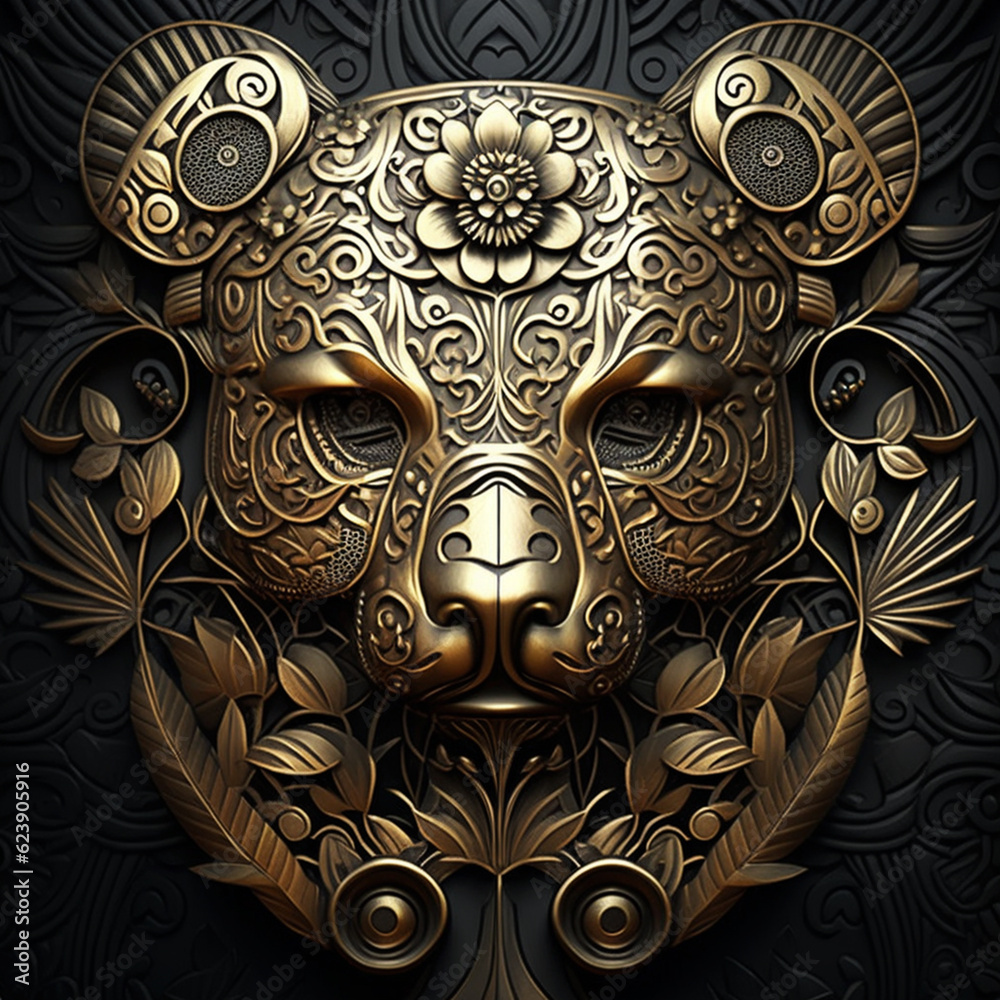 panda bear wild animal with golden floral ornament pattern decoration 3d illustration panda bear wild animal with golden floral ornament pattern decoration 3d illustration