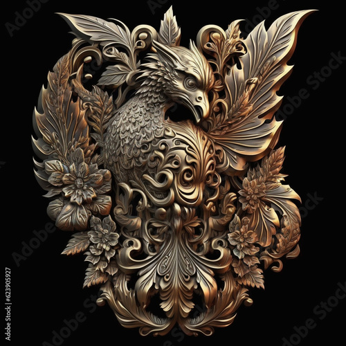 bird animal with metal floral ornament pattern decoration 3d illustration