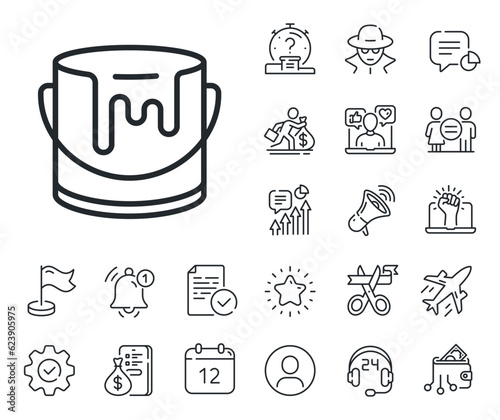 Tin of acrylic paint sign. Salaryman, gender equality and alert bell outline icons. Paint bucket line icon. Painter can symbol. Paint line sign. Spy or profile placeholder icon. Vector
