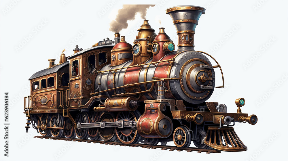 Steampunk train steam early photography illustration white background picture AI generated art