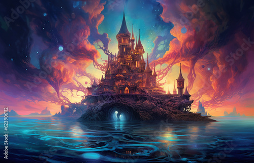 A panoramic fantasy vista with gothic detailed fairy tale castle, palace in island among lake, colourful fantastic wallpaper, background for display and screen. Ai generated epic digital illustration