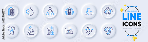 Skyscraper buildings, Search employee and Buyer line icons for web app. Pack of Group, Download, Dental insurance pictogram icons. Stars, Difficult stress, Delivery cart signs. Vector