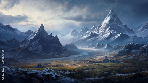 Towering mountains range snow peak frozen alaska illustration image AI generated art © Bijali