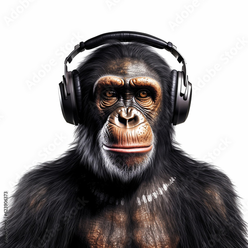 chimpanzee 3d action using headphone realistic illustration