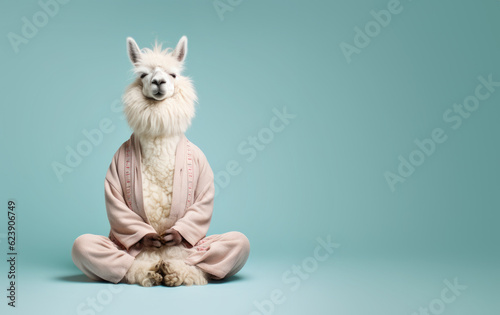 Calm looking alpaca or llama wearing simple clothes, sitting on ground in lotus like position. Zen meditation concept. Banner with space for text at side. Generative AI