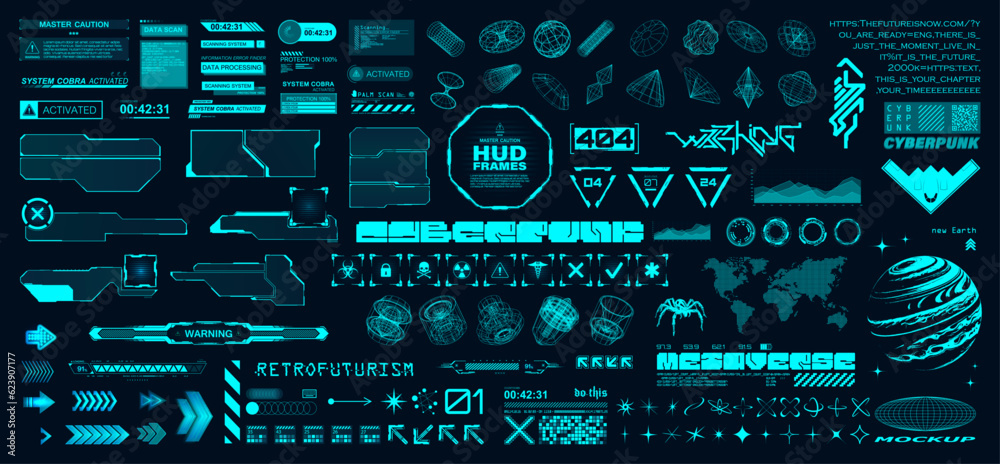 Hi-tech elements and HUD interface. Cyberpunk and retrofuturistic graphic box. Digital arts, typeface, 3D geometric shapes, icons, wireframe x-ray, HUD, UI, UX frames. Vector futuristic graphic set - obrazy, fototapety, plakaty 