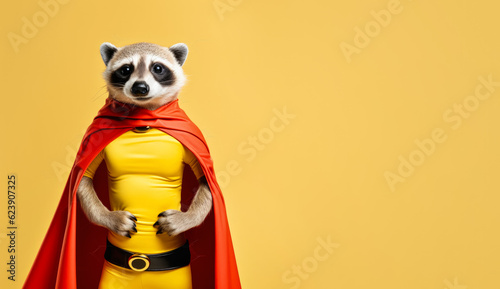 Cute meerkat or suricate mongoose in superhero costume and cape. Banner with copy space at side. Generative AI