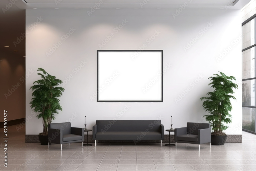 Advertising billboard frame on wall in office lobby copy space for mock up template. Generative AI Advertising billboard frame on wall in office lobby copy space for mock up template. Generative AI